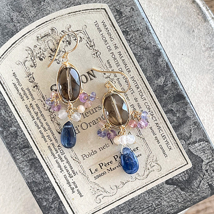 Smoky Quartz Oval with Kyanite Wire Wrapped Chandelier Earrings - 14KGF
