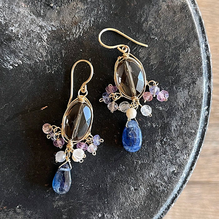 Smoky Quartz Oval with Kyanite Wire Wrapped Chandelier Earrings - 14KGF