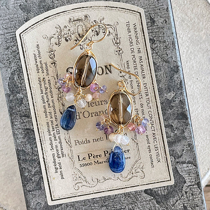 Smoky Quartz Oval with Kyanite Wire Wrapped Chandelier Earrings - 14KGF