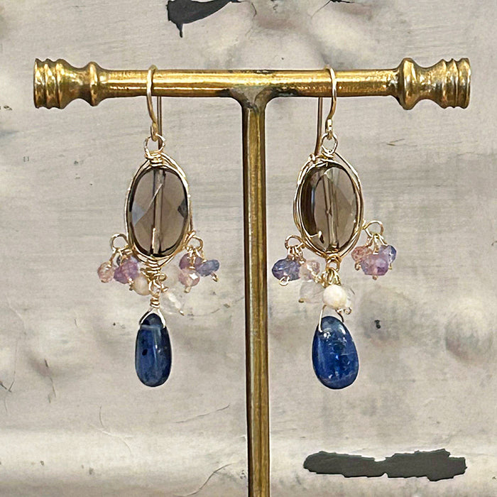 Smoky Quartz Oval with Kyanite Wire Wrapped Chandelier Earrings - 14KGF