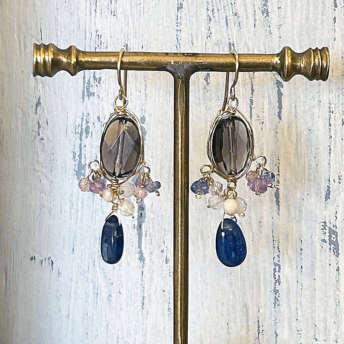 Smoky Quartz Oval with Kyanite Wire Wrapped Chandelier Earrings - 14KGF