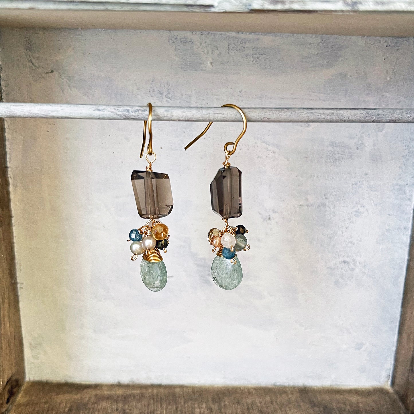 Earthy Serenity: Smoky Quartz & Moss Aquamarine Cluster Earrings 14K Gold Fill
