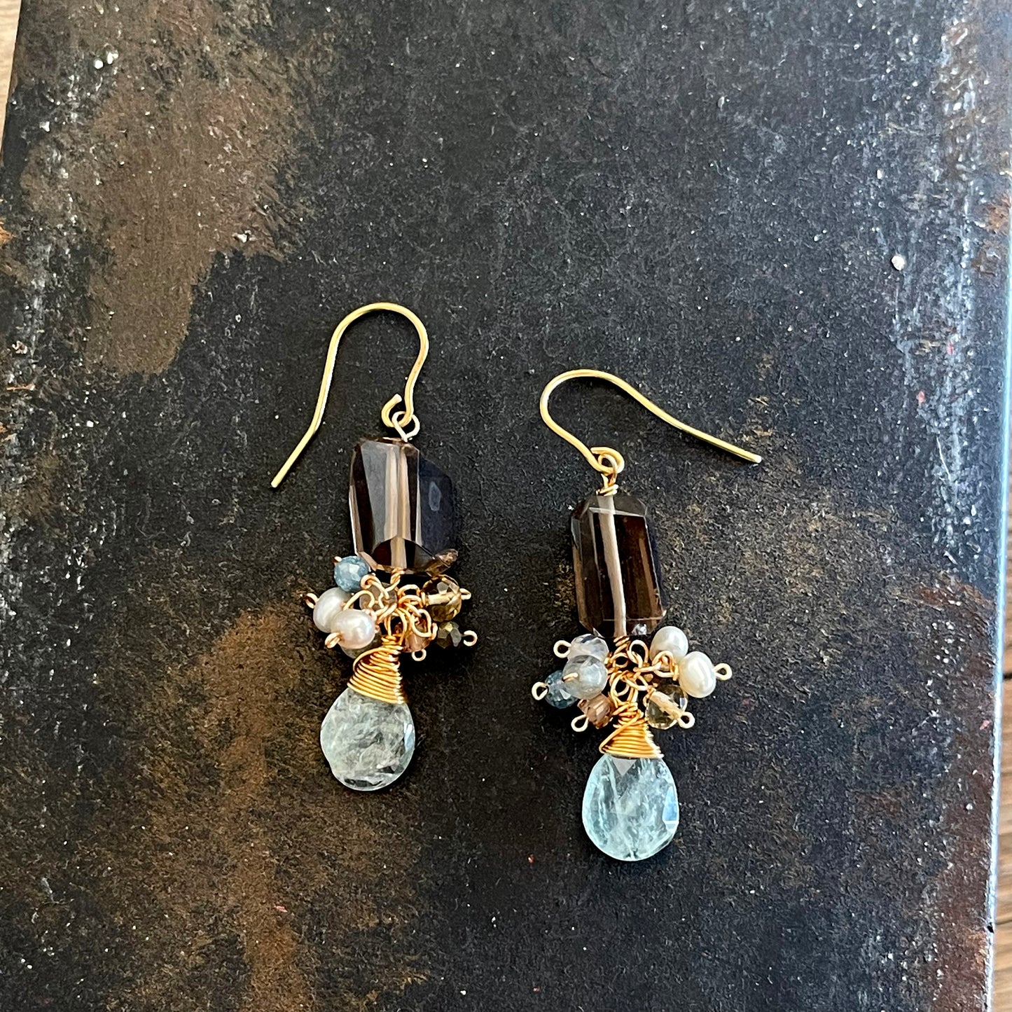 Earthy Serenity: Smoky Quartz & Moss Aquamarine Cluster Earrings 14K Gold Fill