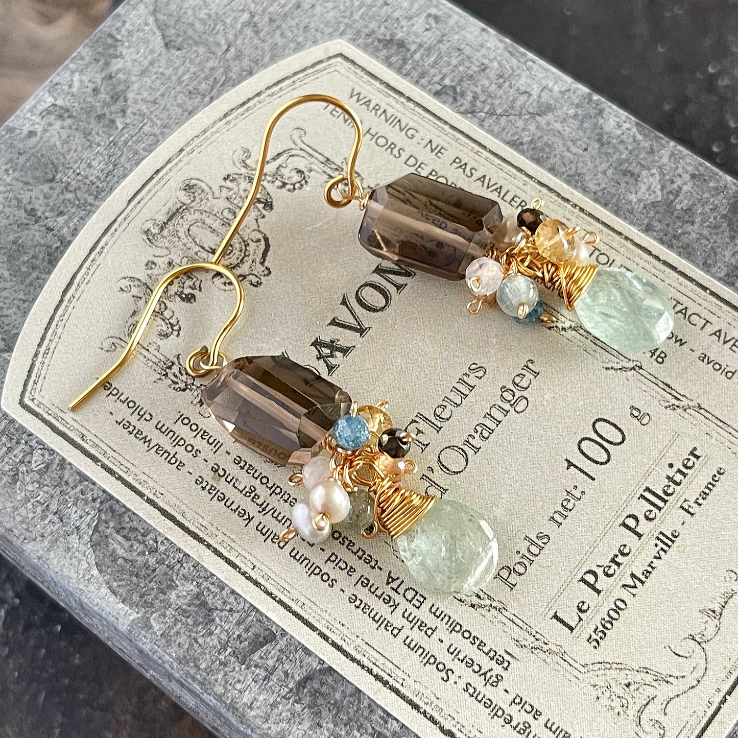Earthy Serenity: Smoky Quartz & Moss Aquamarine Cluster Earrings 14K Gold Fill