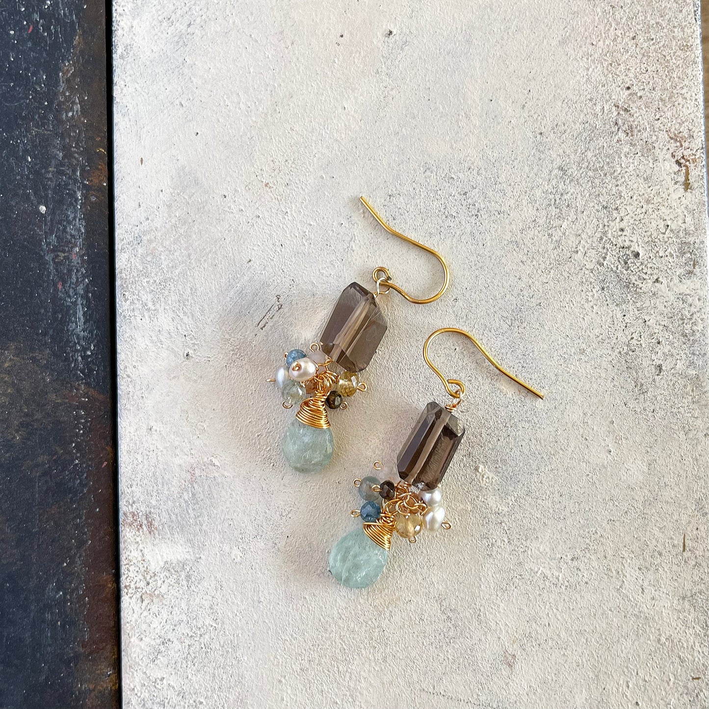 Earthy Serenity: Smoky Quartz & Moss Aquamarine Cluster Earrings 14K Gold Fill