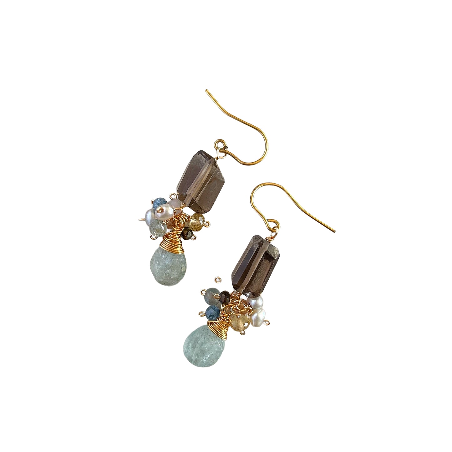 Earthy Serenity: Smoky Quartz & Moss Aquamarine Cluster Earrings 14K Gold Fill