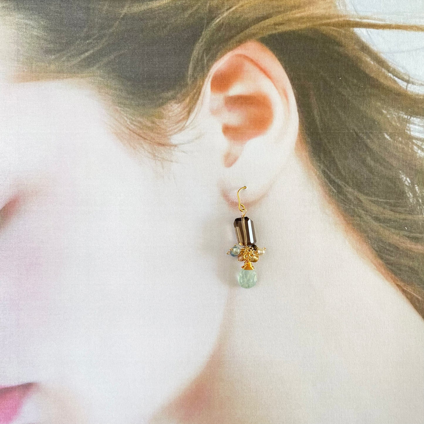 Earthy Serenity: Smoky Quartz & Moss Aquamarine Cluster Earrings 14K Gold Fill