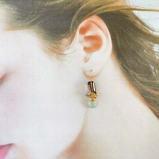 Earthy Serenity: Smoky Quartz & Moss Aquamarine Cluster Earrings 14K Gold Fill
