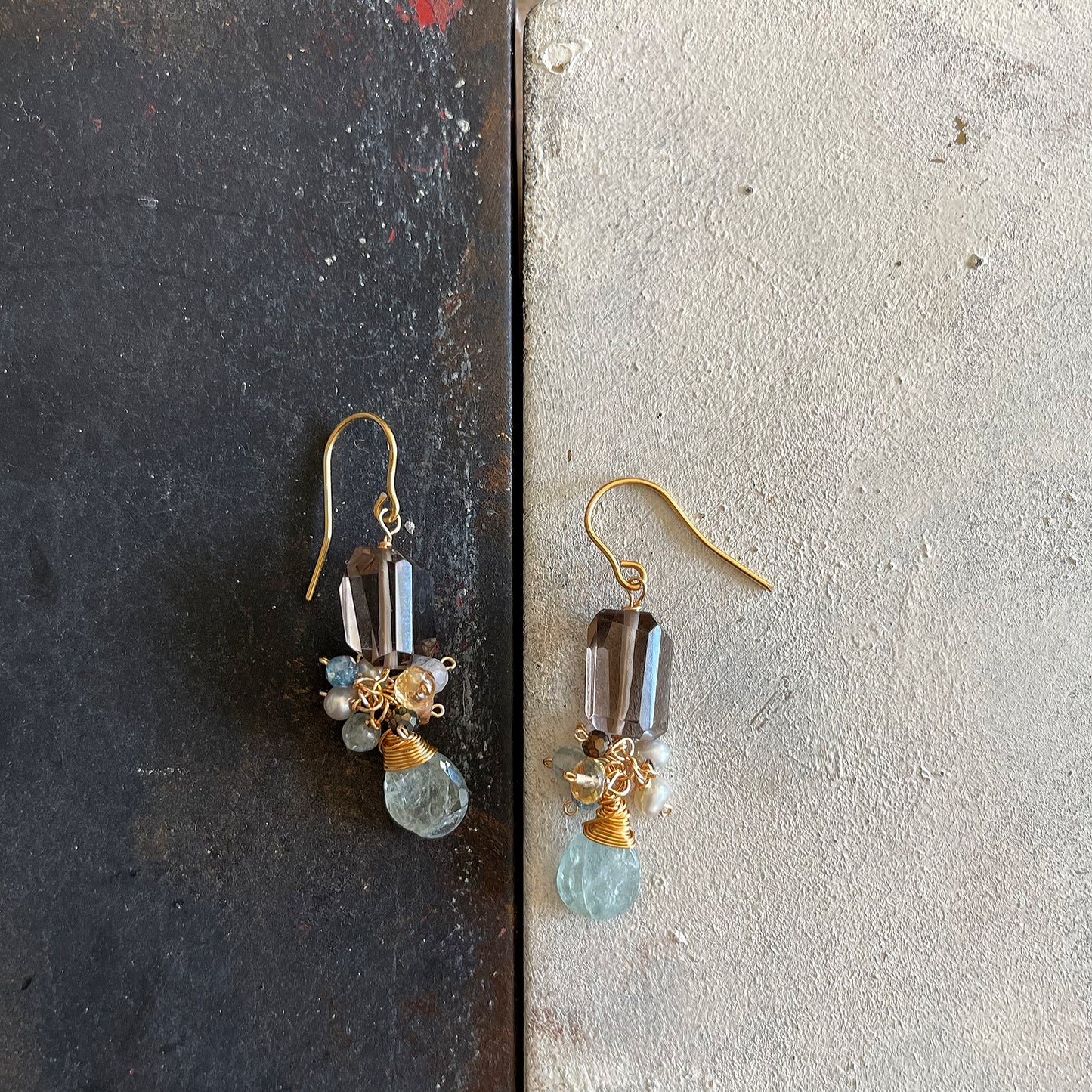 Earthy Serenity: Smoky Quartz & Moss Aquamarine Cluster Earrings 14K Gold Fill