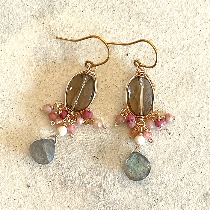 Dusty Rose & Smoky Quartz Chandelier Earrings