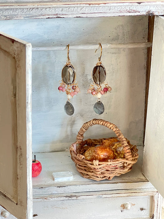 Dusty Rose & Smoky Quartz Chandelier Earrings