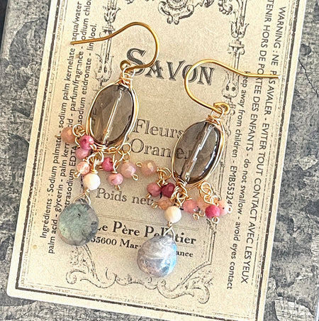 Pair of vintage style chic and sweet chandelier earrings with smoky quartz, labradorite and pink sapphires