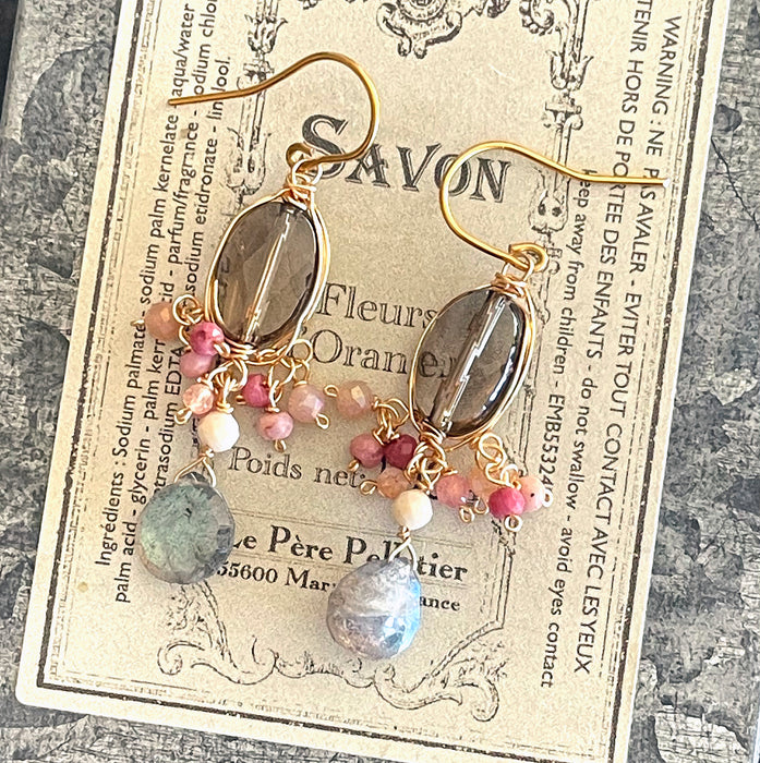 Pair of vintage style chic and sweet chandelier earrings with smoky quartz, labradorite and pink sapphires