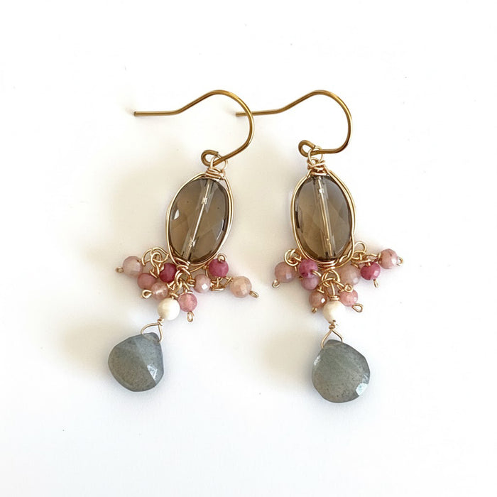 Dusty Rose & Smoky Quartz Chandelier Earrings