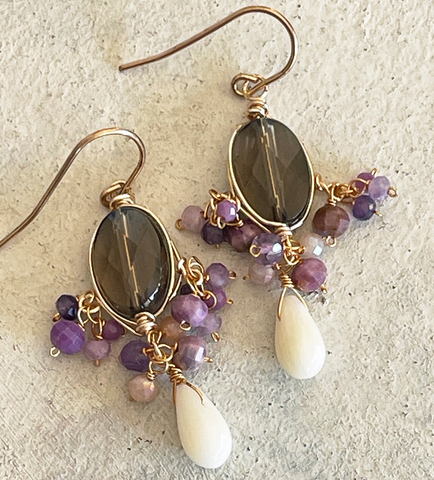 Smoky Quartz & White Coral Chandelier Earrings