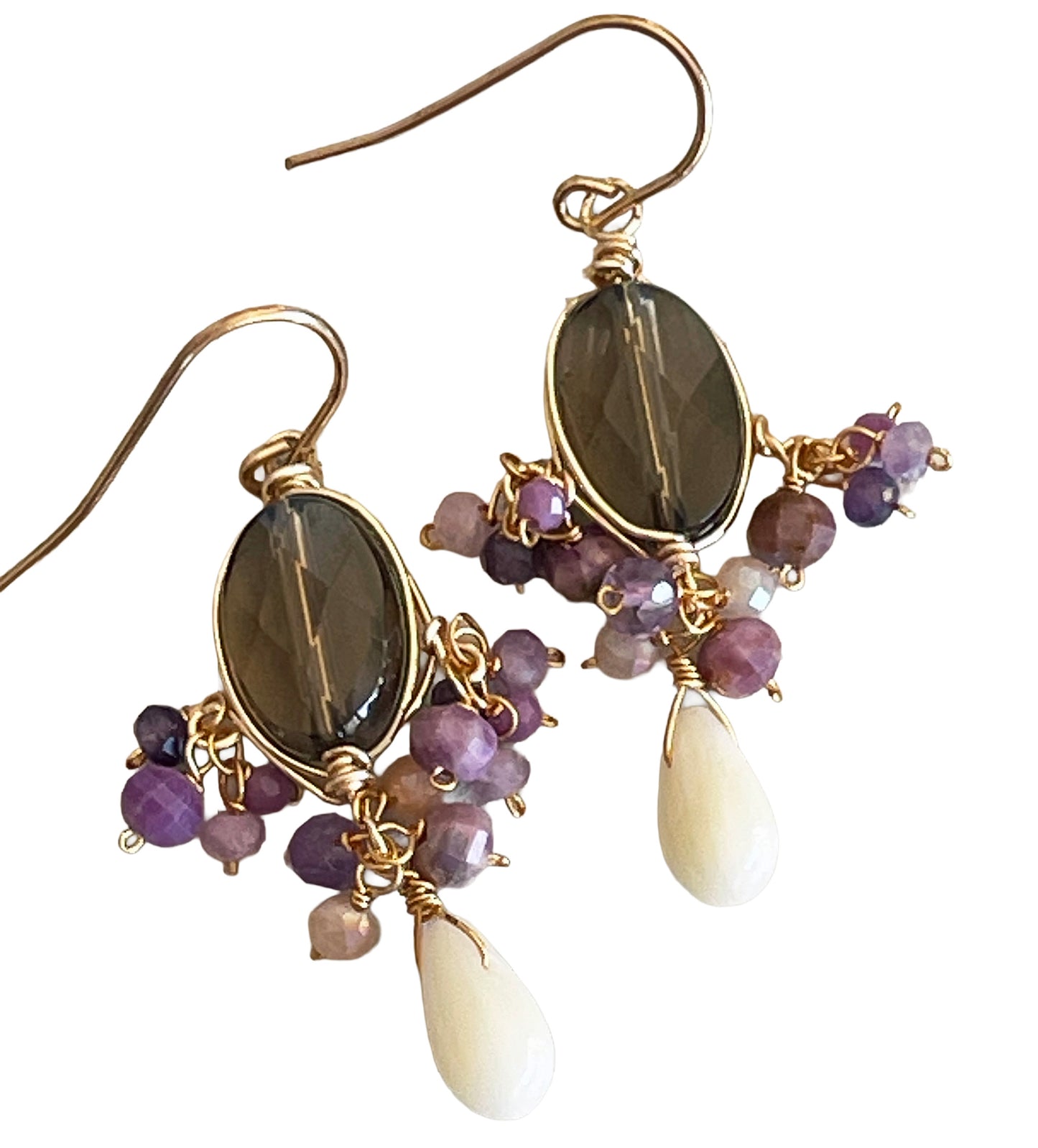 Smoky Quartz & White Coral Chandelier Earrings