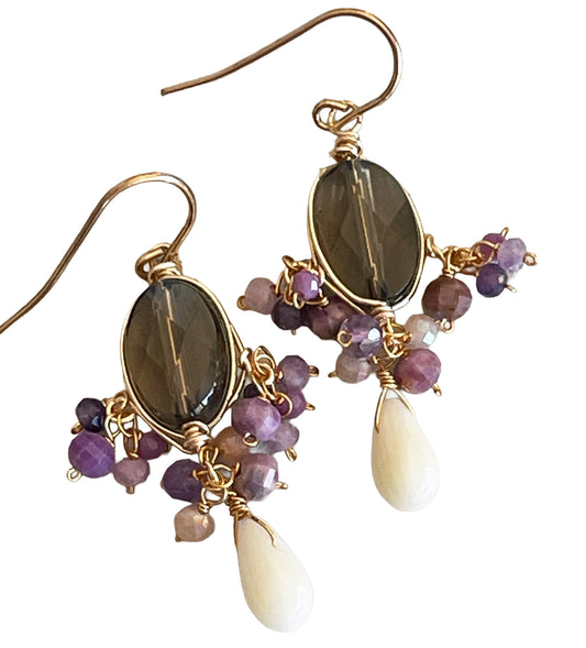 Smoky Quartz & White Coral Chandelier Earrings