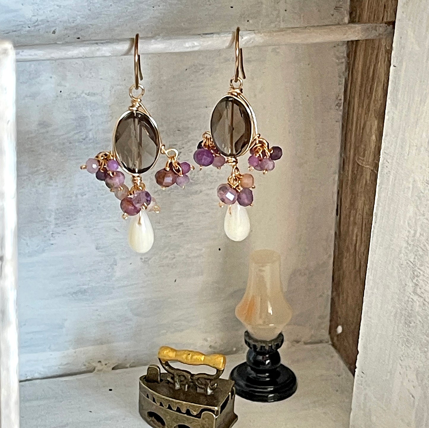 Smoky Quartz & White Coral Chandelier Earrings