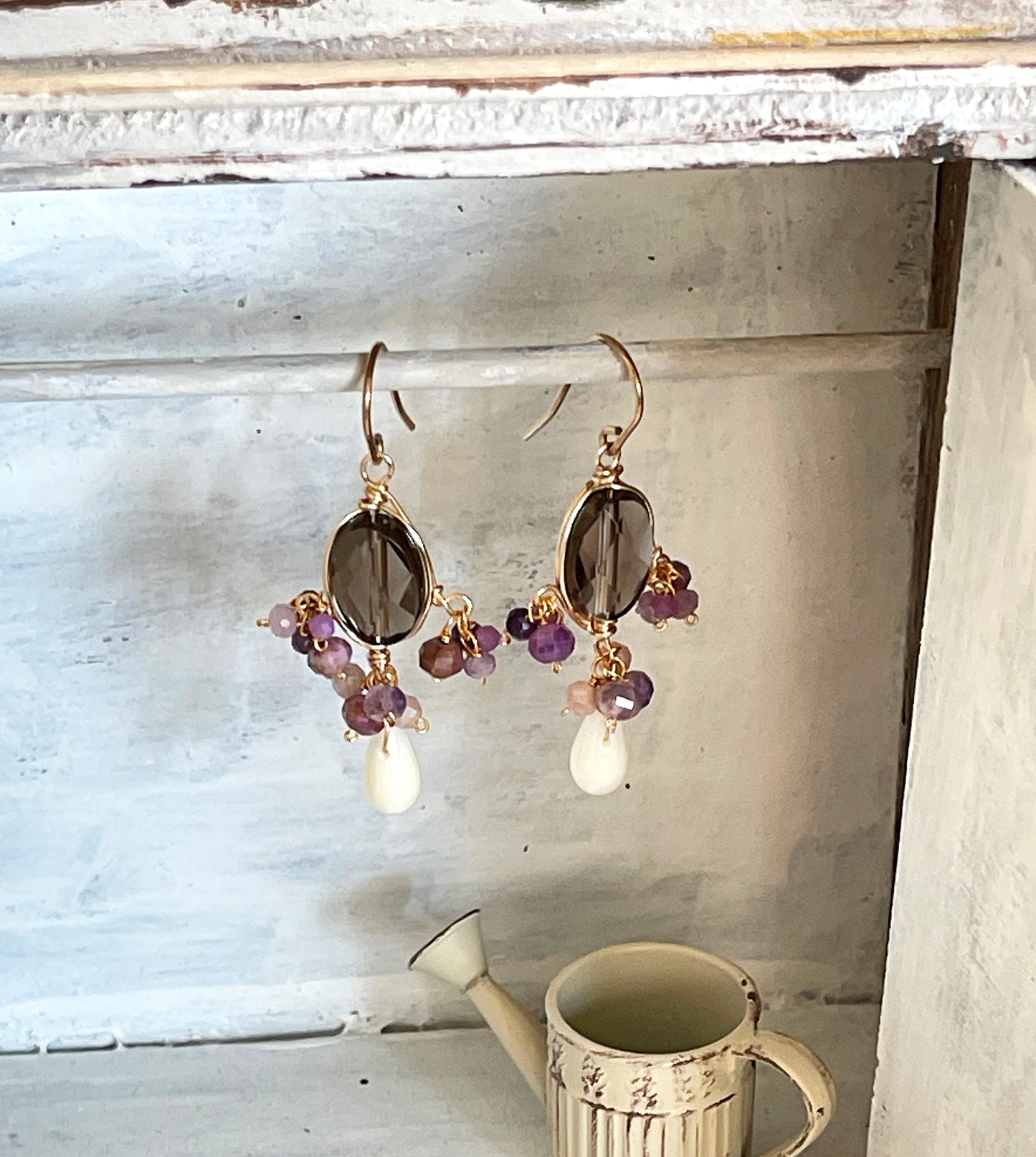 Smoky Quartz & White Coral Chandelier Earrings