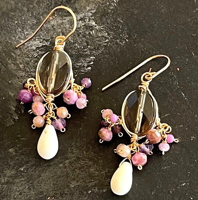 Smoky Quartz & White Coral Chandelier Earrings