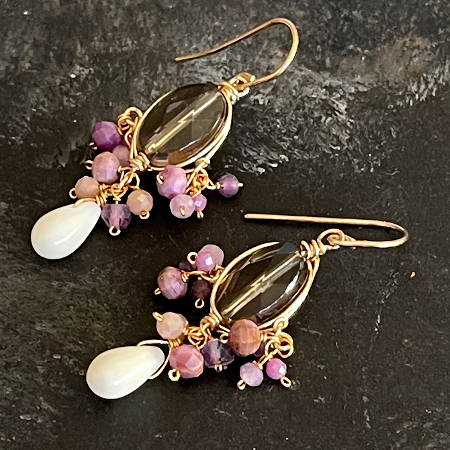 Smoky Quartz & White Coral Chandelier Earrings