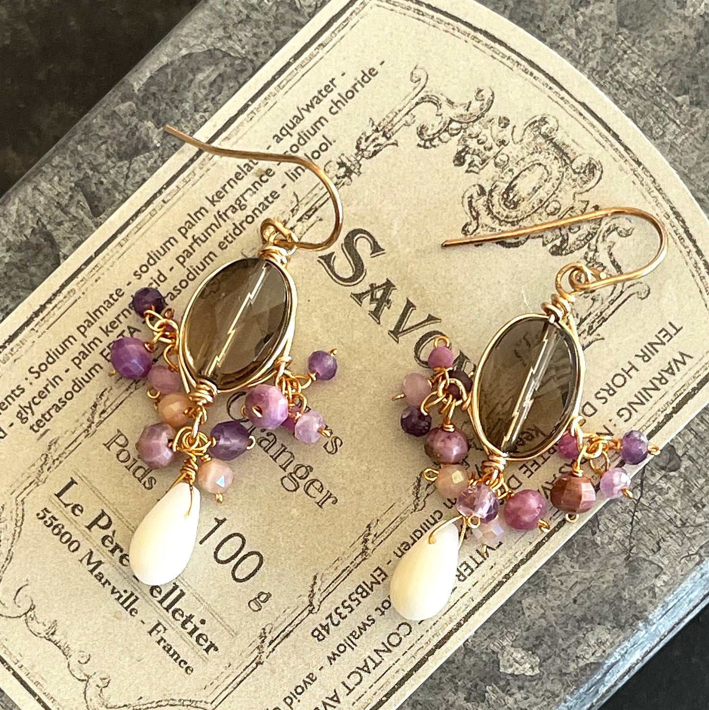 Smoky Quartz & White Coral Chandelier Earrings