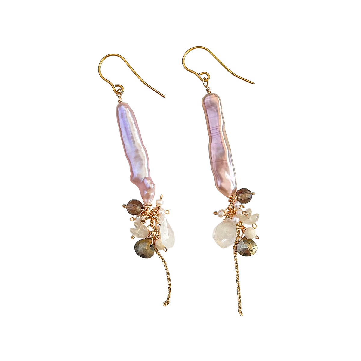 Stick Pearl, Moonstone & Smoky Quartz Cluster Drop Earrings in Surgical Stainless 316