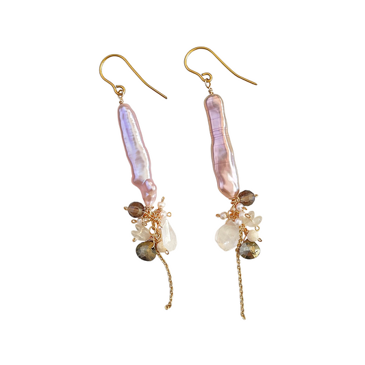 Stick Pearl, Moonstone & Smoky Quartz Cluster Drop Earrings in Surgical Stainless 316