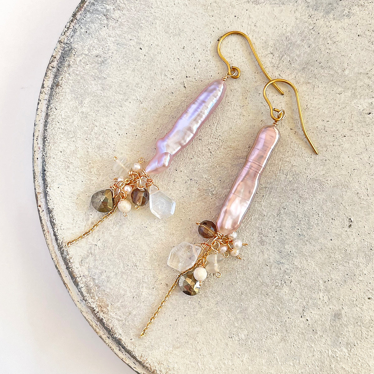 Stick Pearl, Moonstone & Smoky Quartz Cluster Drop Earrings in Surgical Stainless 316