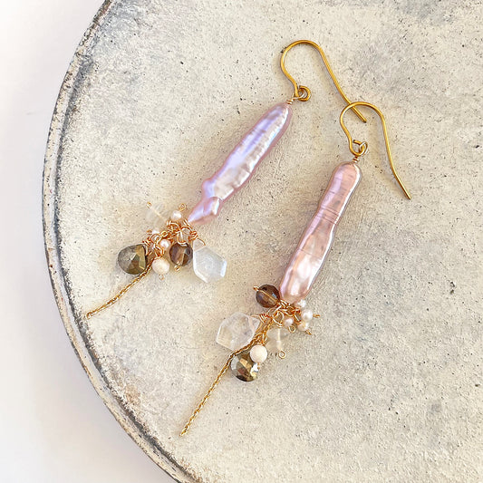 Stick Pearl, Moonstone & Smoky Quartz Cluster Drop Earrings in Surgical Stainless 316