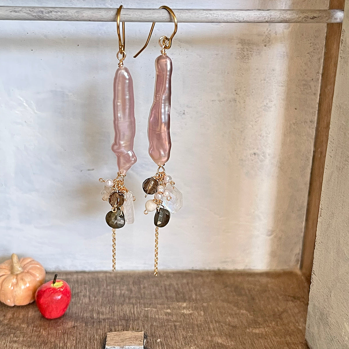 Stick Pearl, Moonstone & Smoky Quartz Cluster Drop Earrings in Surgical Stainless 316