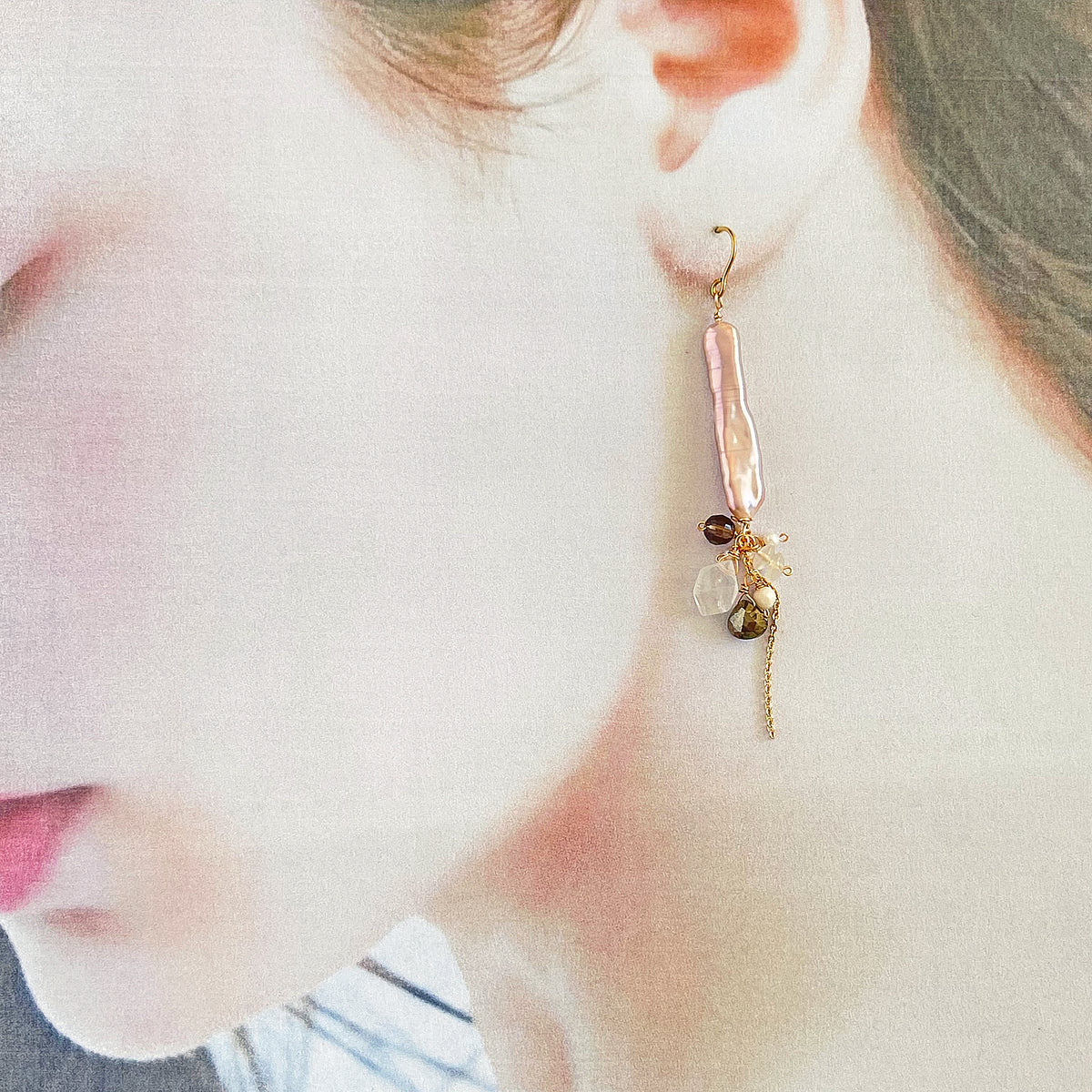 Stick Pearl, Moonstone & Smoky Quartz Cluster Drop Earrings in Surgical Stainless 316