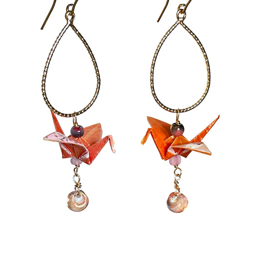 Hand-Folded Origami Crane & Textured Teardrop Hoop Earrings (Orange)