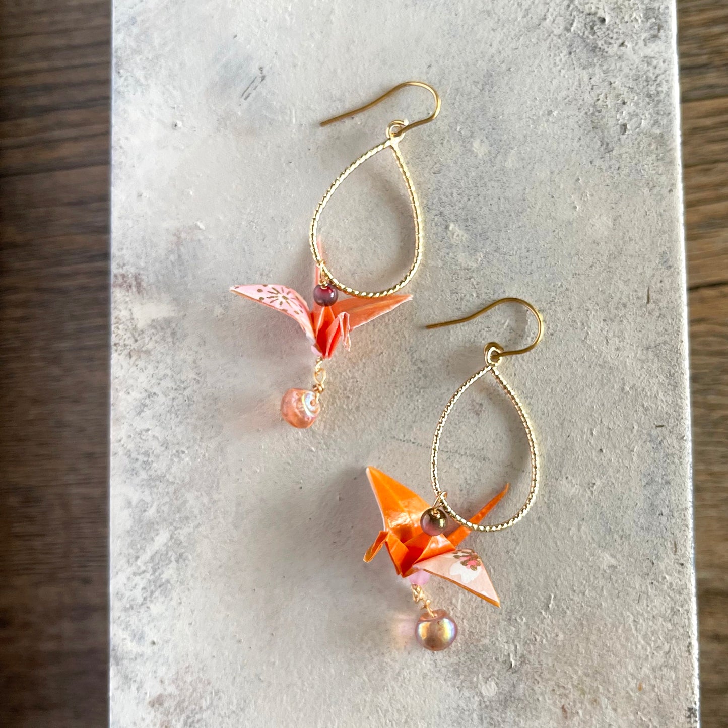 Hand-Folded Origami Crane & Textured Teardrop Hoop Earrings (Orange)