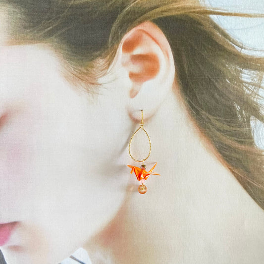 Hand-Folded Origami Crane & Textured Teardrop Hoop Earrings (Orange)