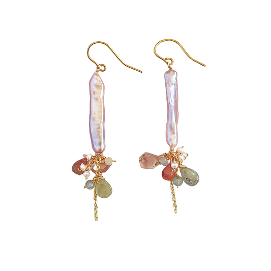 Stick Pearl, Andesine & Tourmaline Cluster Drop Earrings in Surgical Stainless 316