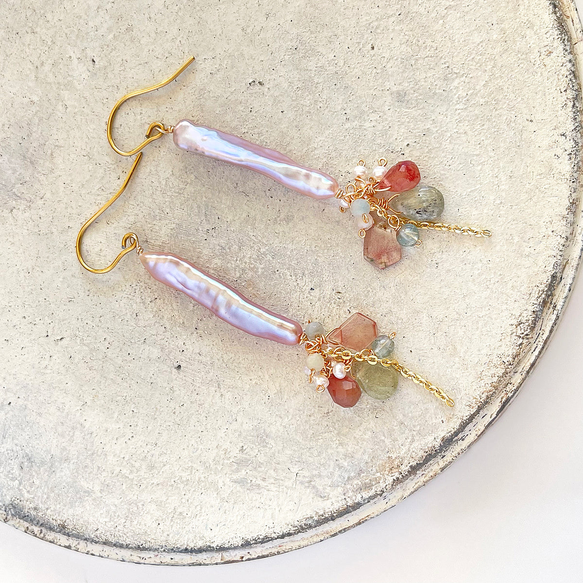 Stick Pearl, Andesine & Tourmaline Cluster Drop Earrings in Surgical Stainless 316