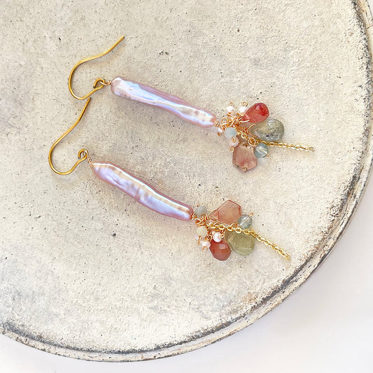 Stick Pearl, Andesine & Tourmaline Cluster Drop Earrings in Surgical Stainless 316