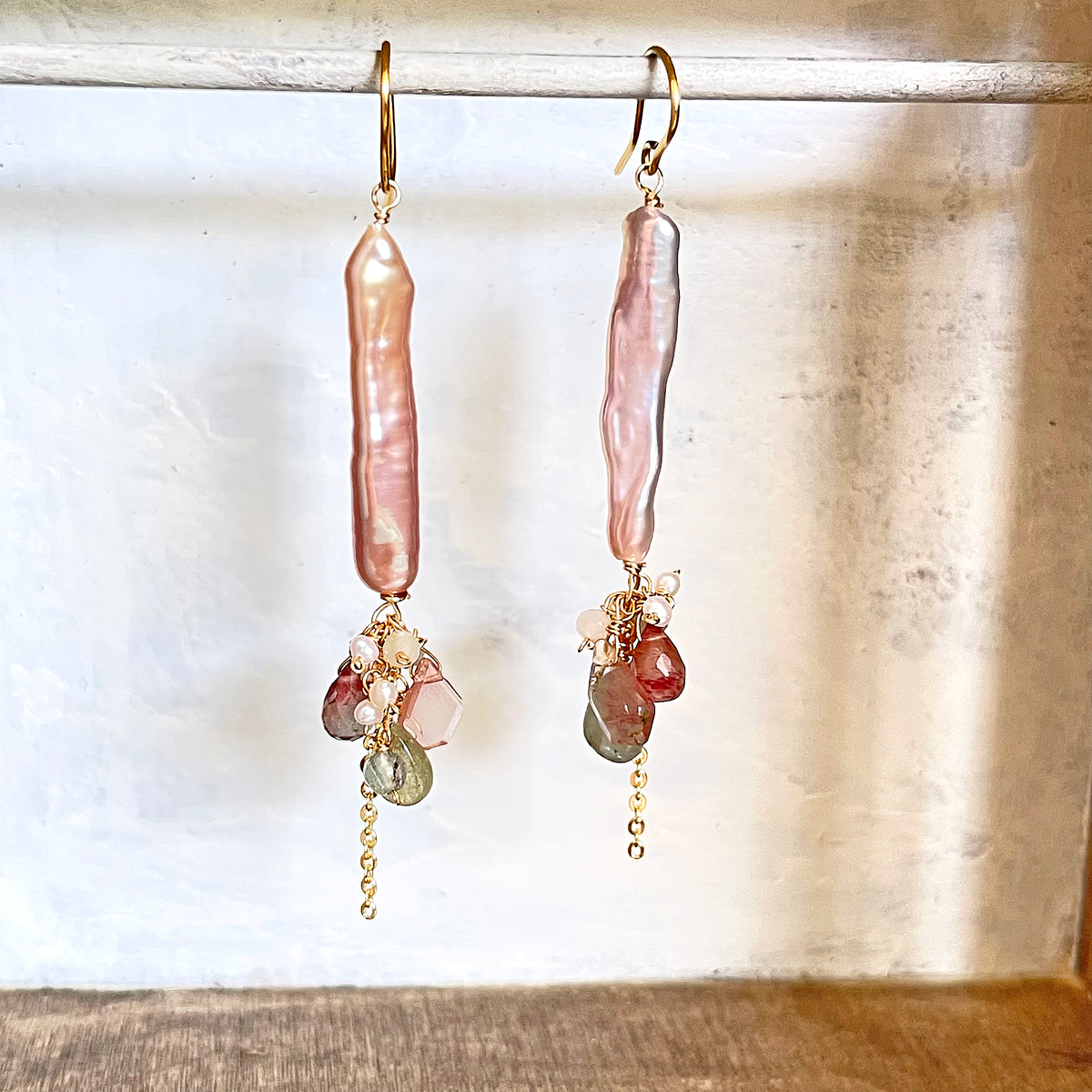 Stick Pearl, Andesine & Tourmaline Cluster Drop Earrings in Surgical Stainless 316