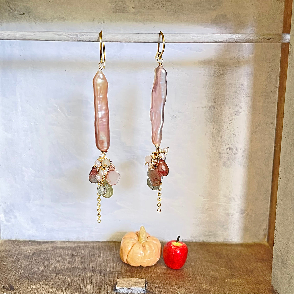 Stick Pearl, Andesine & Tourmaline Cluster Drop Earrings in Surgical Stainless 316
