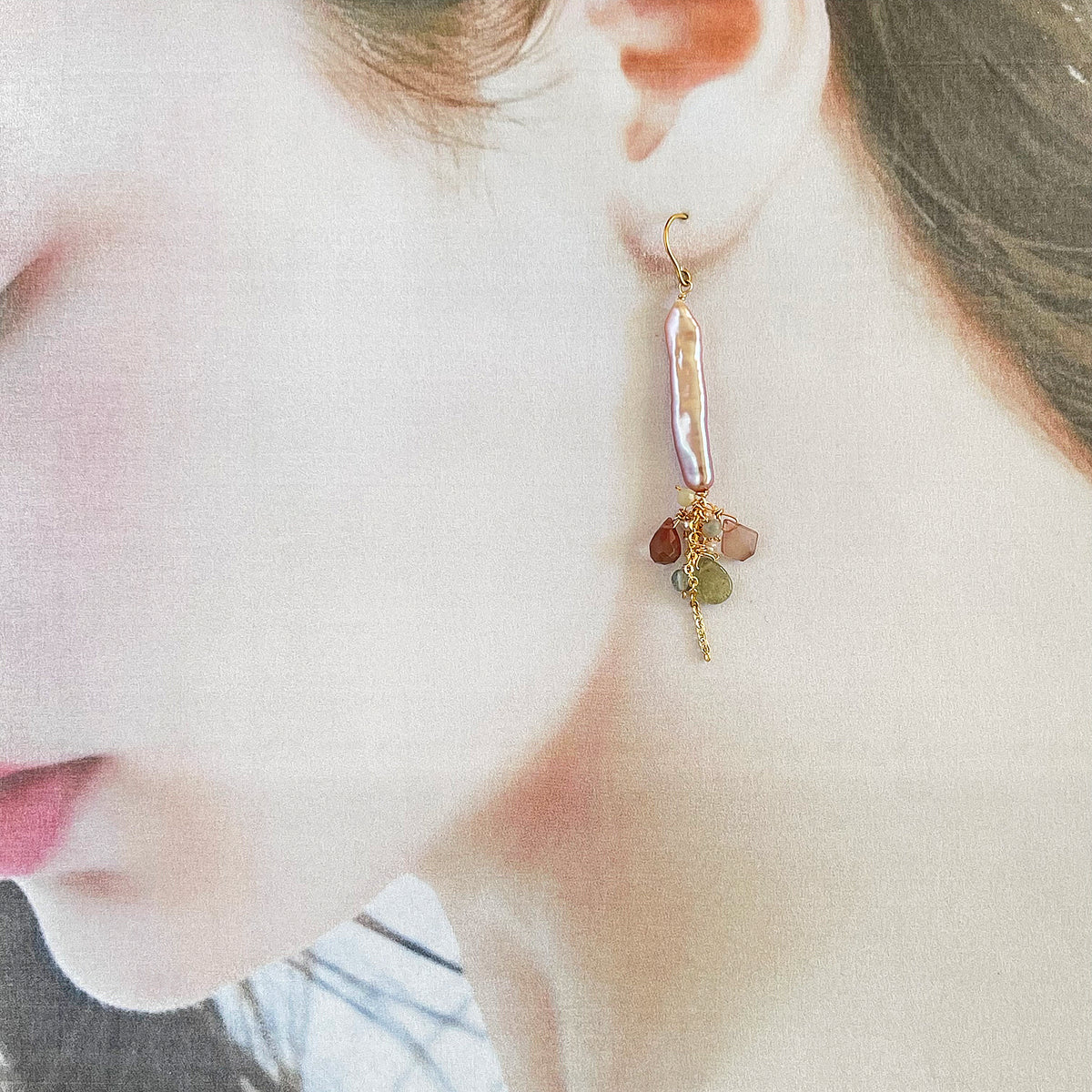 Stick Pearl, Andesine & Tourmaline Cluster Drop Earrings in Surgical Stainless 316