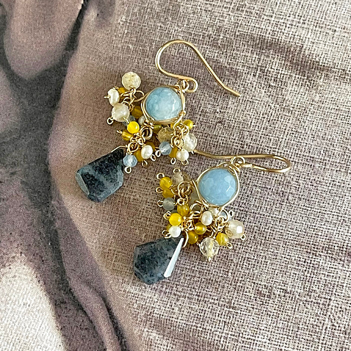 Aquamarine and Trolleite Chandelier Earrings - 14KGF