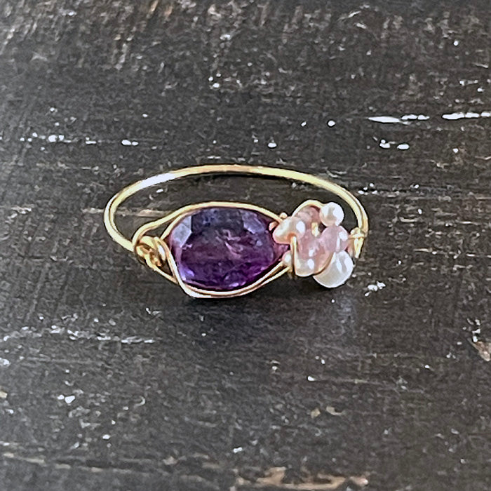 Mystic Purple Kyanite with Amethyst and Pearl Ring - 14KGF