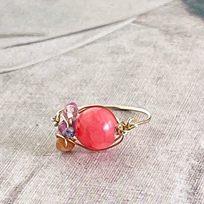 Pink Jasper with Purple Gemstones Wire Wrapped Ring - 14KGF