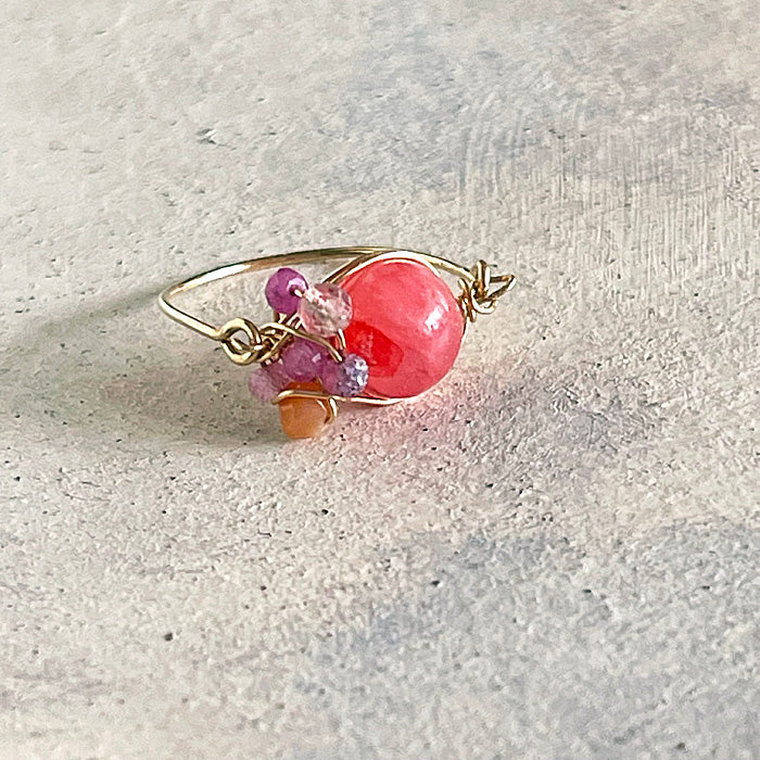 Pink Jasper with Purple Gemstones Wire Wrapped Ring - 14KGF