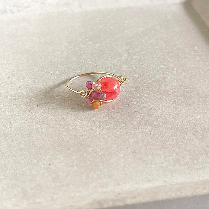 Pink Jasper with Purple Gemstones Wire Wrapped Ring - 14KGF