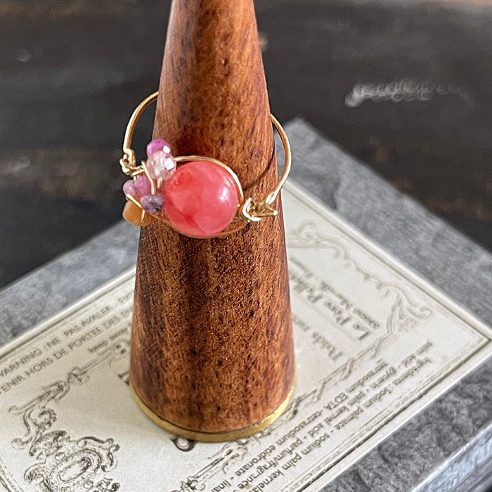 Pink Jasper with Purple Gemstones Wire Wrapped Ring - 14KGF