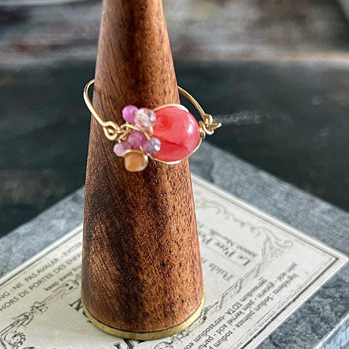 Pink Jasper with Purple Gemstones Wire Wrapped Ring - 14KGF