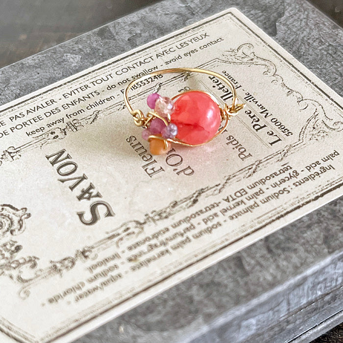 Pink Jasper with Purple Gemstones Wire Wrapped Ring - 14KGF