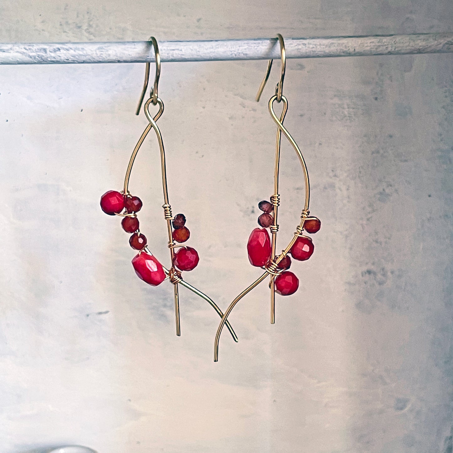 Red Coral & Spinel Wave Line Drop Earrings